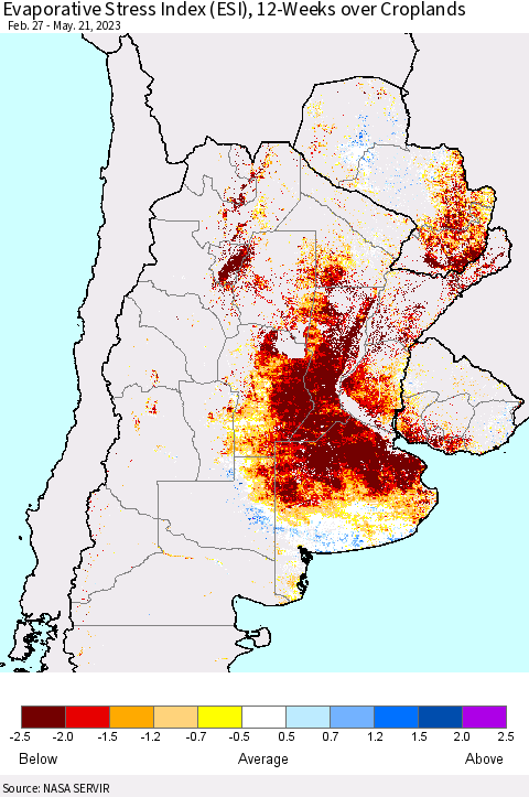 Southern South America Evaporative Stress Index (ESI), 12-Weeks over Croplands Thematic Map For 5/15/2023 - 5/21/2023
