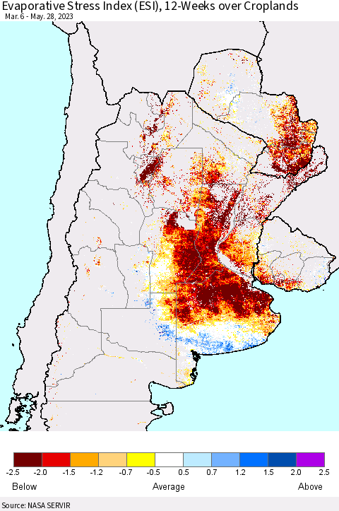 Southern South America Evaporative Stress Index (ESI), 12-Weeks over Croplands Thematic Map For 5/22/2023 - 5/28/2023