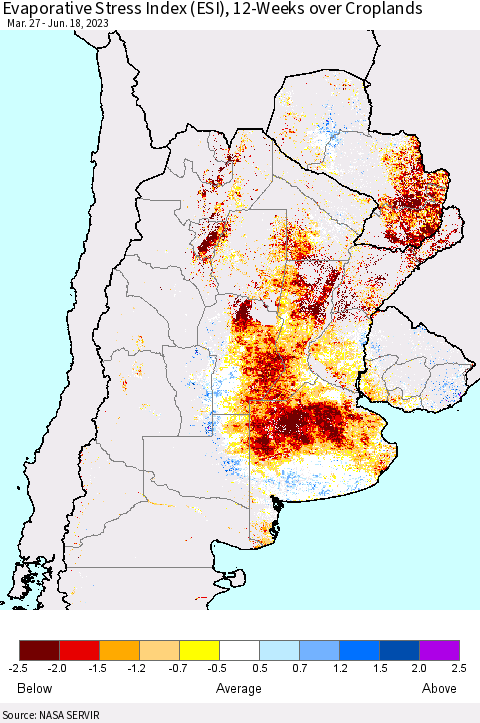 Southern South America Evaporative Stress Index (ESI), 12-Weeks over Croplands Thematic Map For 6/12/2023 - 6/18/2023