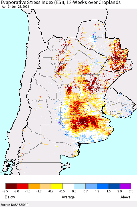 Southern South America Evaporative Stress Index (ESI), 12-Weeks over Croplands Thematic Map For 6/19/2023 - 6/25/2023