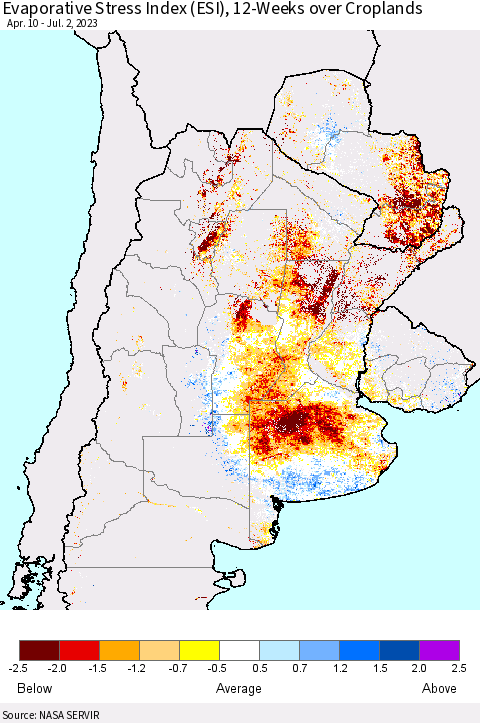 Southern South America Evaporative Stress Index (ESI), 12-Weeks over Croplands Thematic Map For 6/26/2023 - 7/2/2023