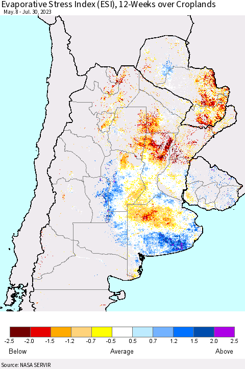 Southern South America Evaporative Stress Index (ESI), 12-Weeks over Croplands Thematic Map For 7/24/2023 - 7/30/2023