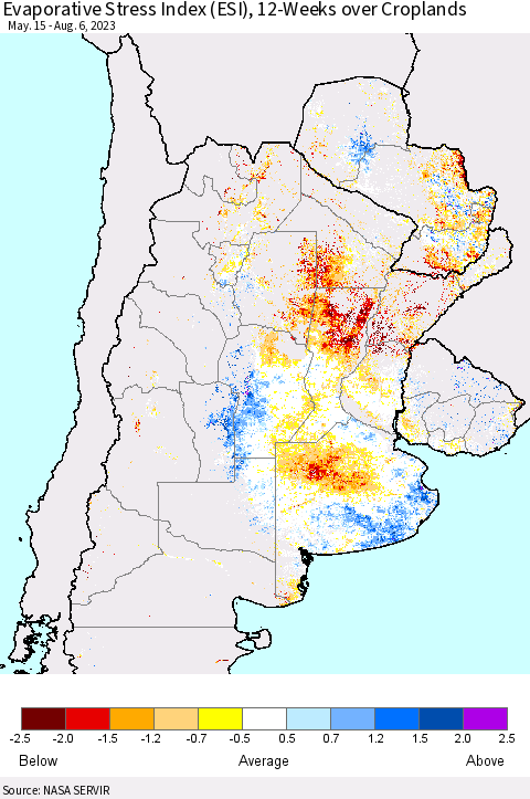 Southern South America Evaporative Stress Index (ESI), 12-Weeks over Croplands Thematic Map For 7/31/2023 - 8/6/2023