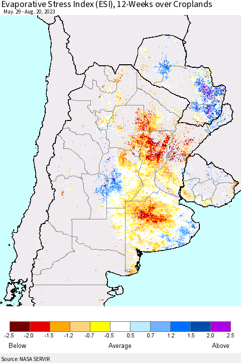 Southern South America Evaporative Stress Index (ESI), 12-Weeks over Croplands Thematic Map For 8/14/2023 - 8/20/2023