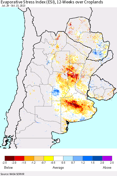 Southern South America Evaporative Stress Index (ESI), 12-Weeks over Croplands Thematic Map For 10/9/2023 - 10/15/2023
