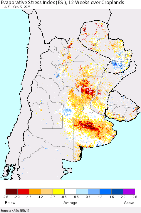 Southern South America Evaporative Stress Index (ESI), 12-Weeks over Croplands Thematic Map For 10/16/2023 - 10/22/2023