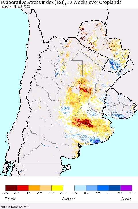 Southern South America Evaporative Stress Index (ESI), 12-Weeks over Croplands Thematic Map For 10/30/2023 - 11/5/2023