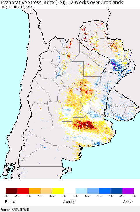Southern South America Evaporative Stress Index (ESI), 12-Weeks over Croplands Thematic Map For 11/6/2023 - 11/12/2023