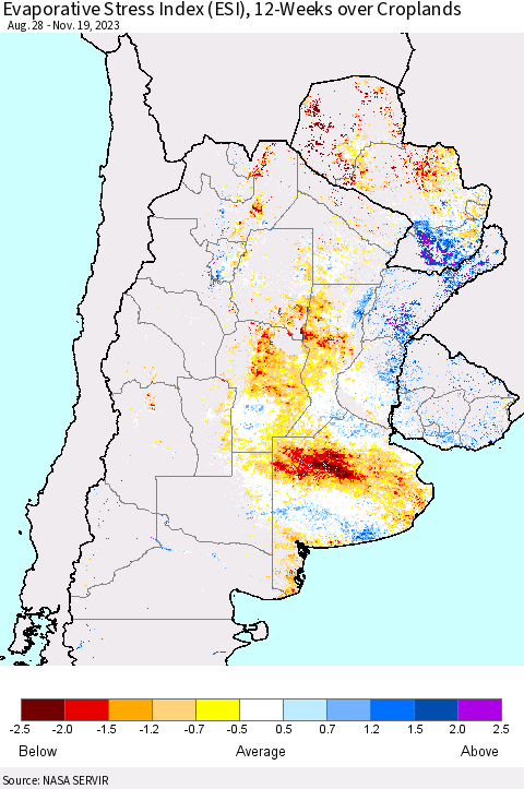 Southern South America Evaporative Stress Index (ESI), 12-Weeks over Croplands Thematic Map For 11/13/2023 - 11/19/2023