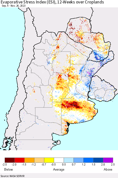 Southern South America Evaporative Stress Index (ESI), 12-Weeks over Croplands Thematic Map For 11/20/2023 - 11/26/2023