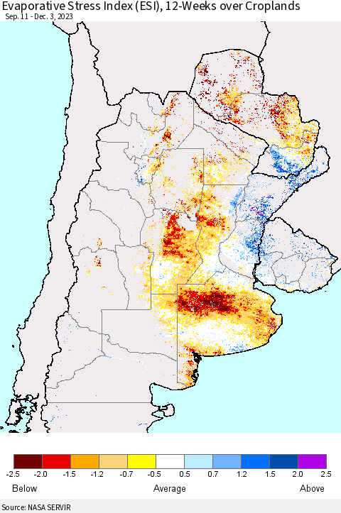 Southern South America Evaporative Stress Index (ESI), 12-Weeks over Croplands Thematic Map For 11/27/2023 - 12/3/2023