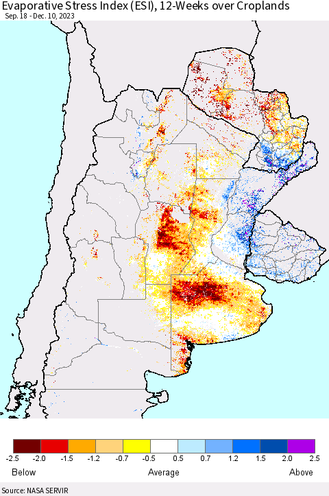Southern South America Evaporative Stress Index (ESI), 12-Weeks over Croplands Thematic Map For 12/4/2023 - 12/10/2023