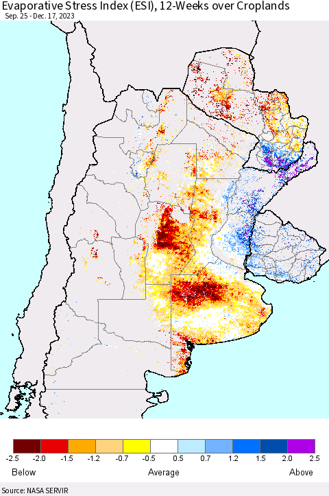 Southern South America Evaporative Stress Index (ESI), 12-Weeks over Croplands Thematic Map For 12/11/2023 - 12/17/2023