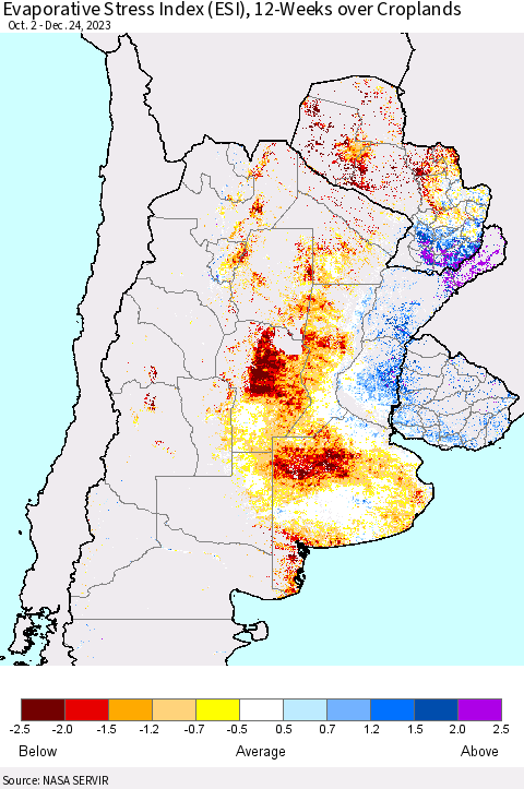 Southern South America Evaporative Stress Index (ESI), 12-Weeks over Croplands Thematic Map For 12/18/2023 - 12/24/2023