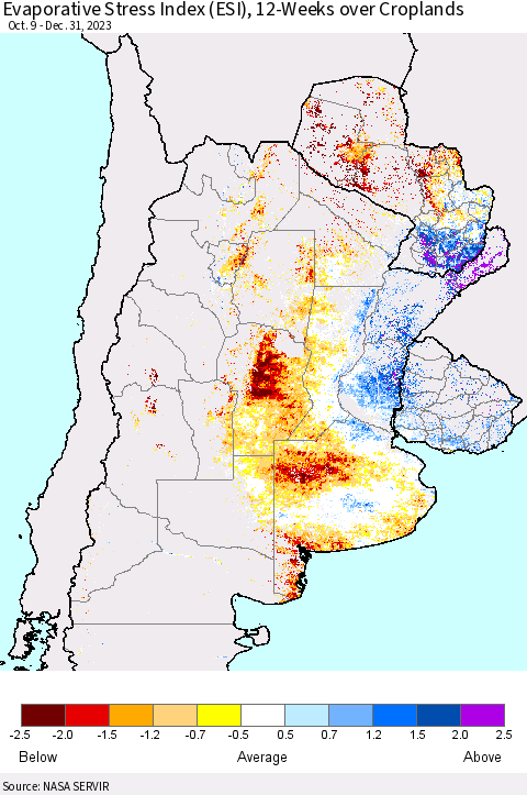 Southern South America Evaporative Stress Index (ESI), 12-Weeks over Croplands Thematic Map For 12/25/2023 - 12/31/2023
