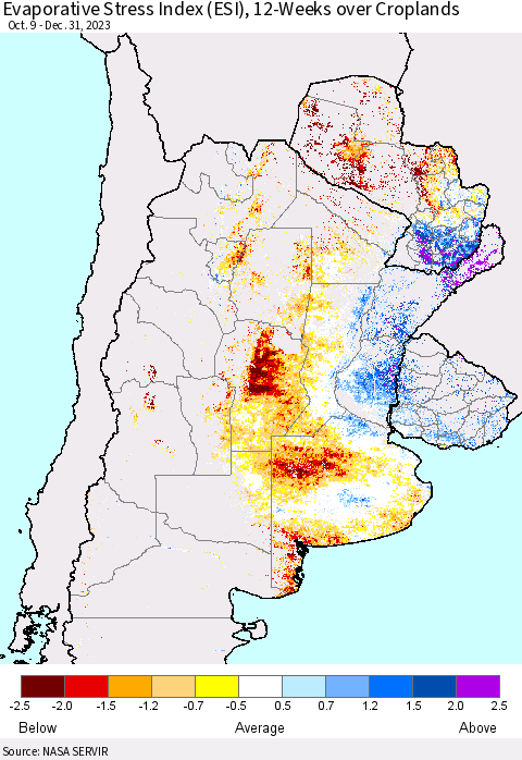 Southern South America Evaporative Stress Index (ESI), 12-Weeks over Croplands Thematic Map For 1/1/2024 - 1/7/2024