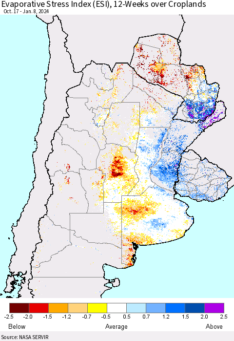 Southern South America Evaporative Stress Index (ESI), 12-Weeks over Croplands Thematic Map For 1/8/2024 - 1/14/2024