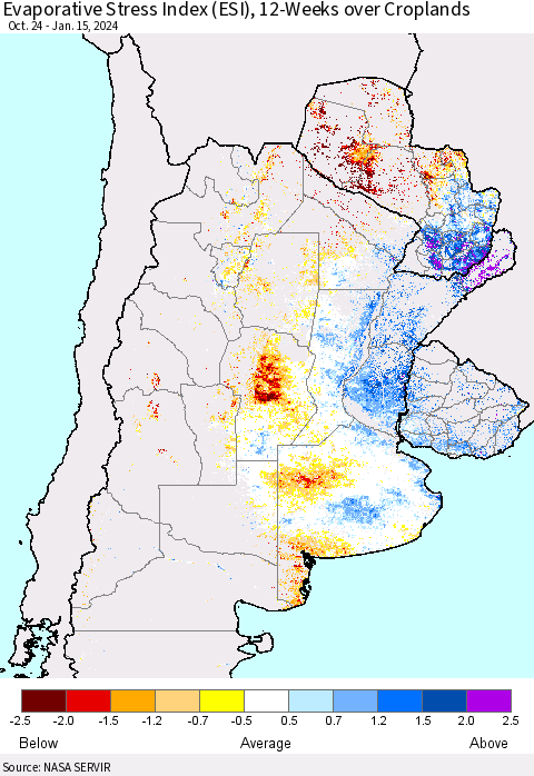 Southern South America Evaporative Stress Index (ESI), 12-Weeks over Croplands Thematic Map For 1/15/2024 - 1/21/2024