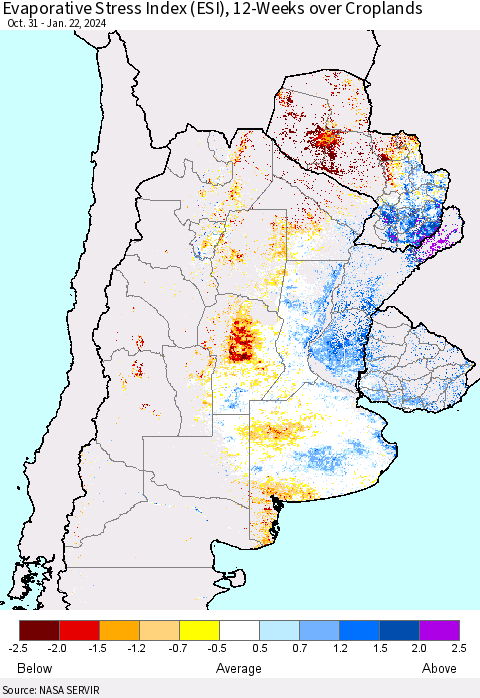 Southern South America Evaporative Stress Index (ESI), 12-Weeks over Croplands Thematic Map For 1/22/2024 - 1/28/2024