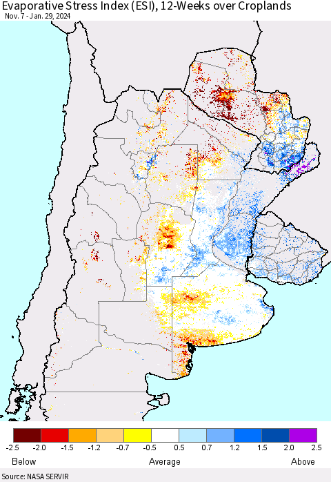Southern South America Evaporative Stress Index (ESI), 12-Weeks over Croplands Thematic Map For 1/29/2024 - 2/4/2024