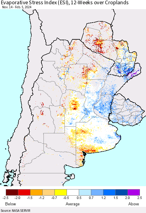 Southern South America Evaporative Stress Index (ESI), 12-Weeks over Croplands Thematic Map For 2/5/2024 - 2/11/2024