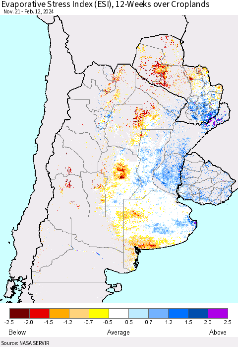 Southern South America Evaporative Stress Index (ESI), 12-Weeks over Croplands Thematic Map For 2/12/2024 - 2/18/2024