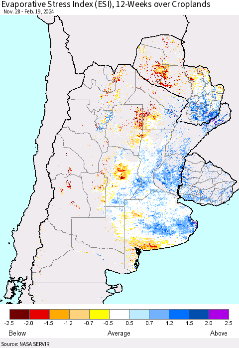 Southern South America Evaporative Stress Index (ESI), 12-Weeks over Croplands Thematic Map For 2/19/2024 - 2/25/2024