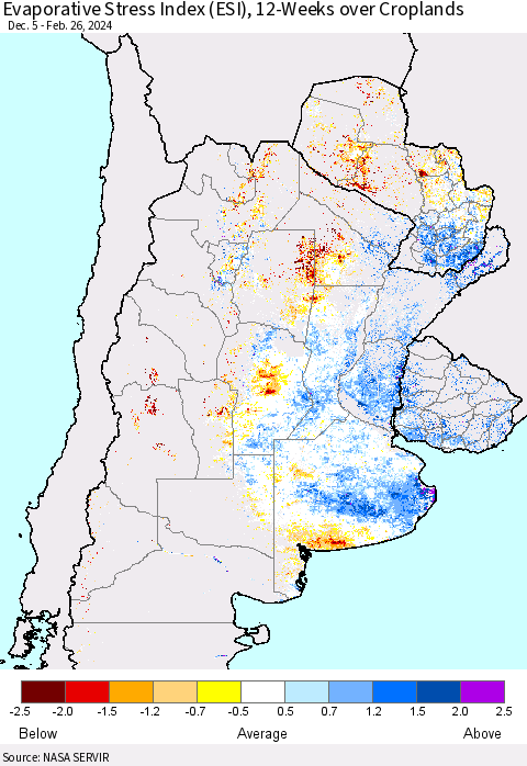 Southern South America Evaporative Stress Index (ESI), 12-Weeks over Croplands Thematic Map For 2/26/2024 - 3/3/2024