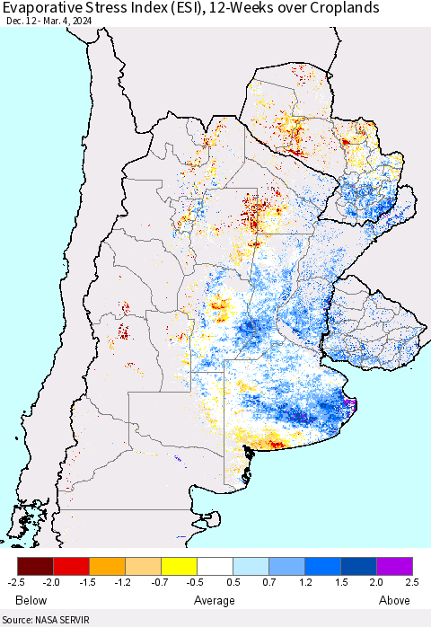 Southern South America Evaporative Stress Index (ESI), 12-Weeks over Croplands Thematic Map For 3/4/2024 - 3/10/2024