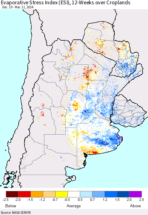 Southern South America Evaporative Stress Index (ESI), 12-Weeks over Croplands Thematic Map For 3/11/2024 - 3/17/2024