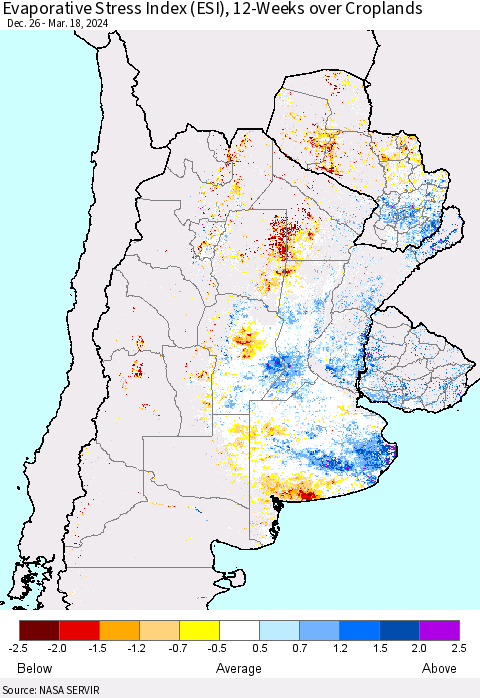 Southern South America Evaporative Stress Index (ESI), 12-Weeks over Croplands Thematic Map For 3/18/2024 - 3/24/2024