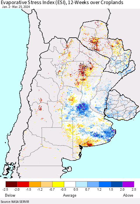 Southern South America Evaporative Stress Index (ESI), 12-Weeks over Croplands Thematic Map For 3/25/2024 - 3/31/2024