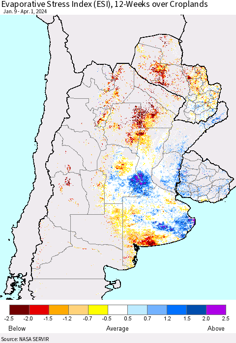 Southern South America Evaporative Stress Index (ESI), 12-Weeks over Croplands Thematic Map For 4/1/2024 - 4/7/2024