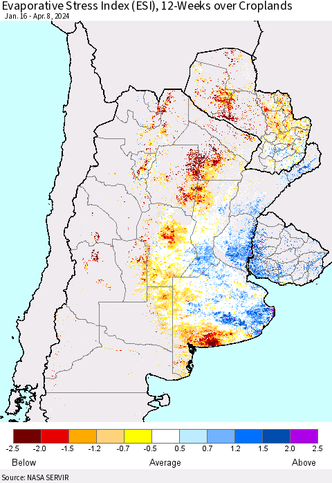 Southern South America Evaporative Stress Index (ESI), 12-Weeks over Croplands Thematic Map For 4/8/2024 - 4/14/2024