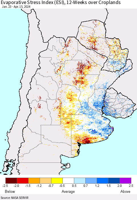 Southern South America Evaporative Stress Index (ESI), 12-Weeks over Croplands Thematic Map For 4/15/2024 - 4/21/2024