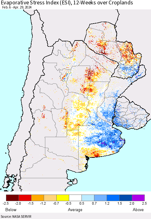 Southern South America Evaporative Stress Index (ESI), 12-Weeks over Croplands Thematic Map For 4/29/2024 - 5/5/2024