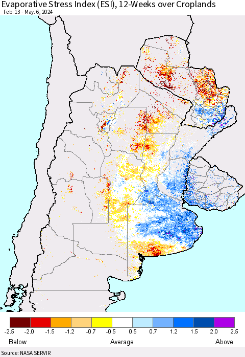 Southern South America Evaporative Stress Index (ESI), 12-Weeks over Croplands Thematic Map For 5/6/2024 - 5/12/2024