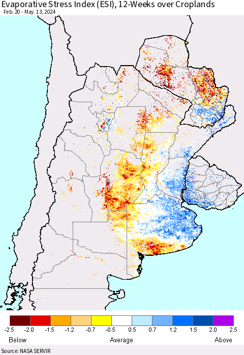 Southern South America Evaporative Stress Index (ESI), 12-Weeks over Croplands Thematic Map For 5/13/2024 - 5/19/2024
