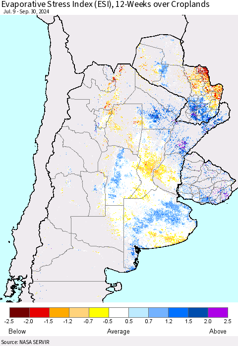 Southern South America Evaporative Stress Index (ESI), 12-Weeks over Croplands Thematic Map For 9/30/2024 - 10/6/2024
