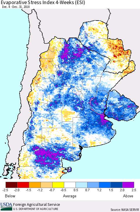 Southern South America Evaporative Stress Index (ESI), 4-Weeks Thematic Map For 12/31/2018 - 1/6/2019