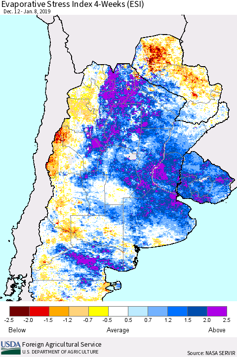 Southern South America Evaporative Stress Index (ESI), 4-Weeks Thematic Map For 1/7/2019 - 1/13/2019