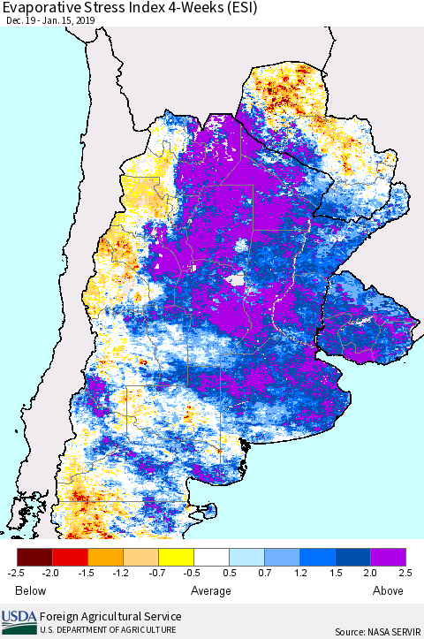 Southern South America Evaporative Stress Index (ESI), 4-Weeks Thematic Map For 1/14/2019 - 1/20/2019