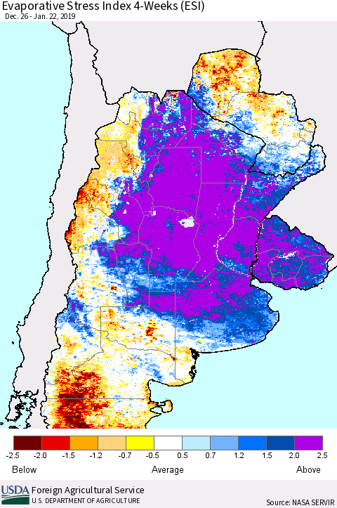 Southern South America Evaporative Stress Index (ESI), 4-Weeks Thematic Map For 1/21/2019 - 1/27/2019