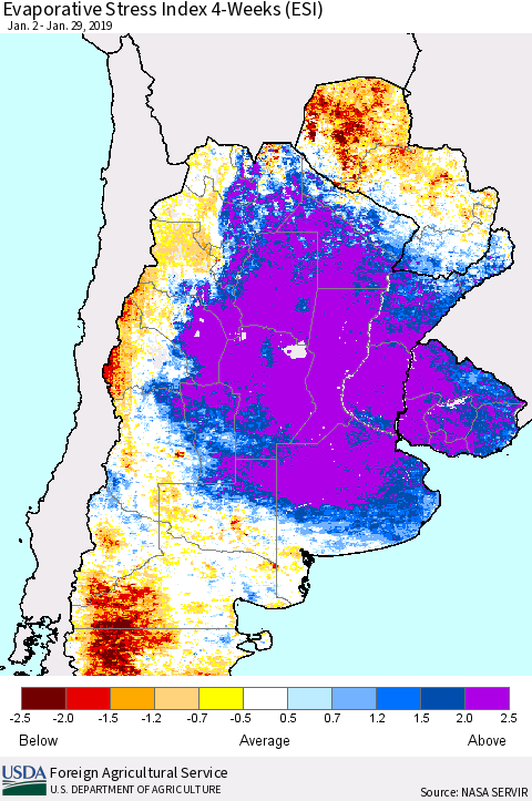 Southern South America Evaporative Stress Index (ESI), 4-Weeks Thematic Map For 1/28/2019 - 2/3/2019