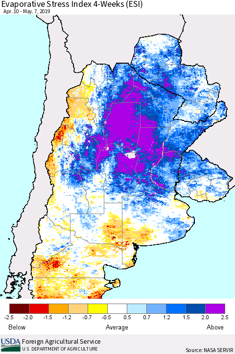 Southern South America Evaporative Stress Index (ESI), 4-Weeks Thematic Map For 5/6/2019 - 5/12/2019