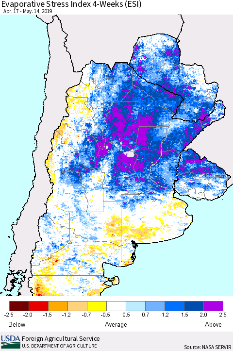 Southern South America Evaporative Stress Index (ESI), 4-Weeks Thematic Map For 5/13/2019 - 5/19/2019