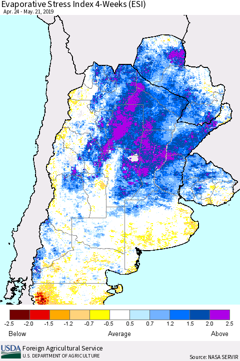 Southern South America Evaporative Stress Index (ESI), 4-Weeks Thematic Map For 5/20/2019 - 5/26/2019