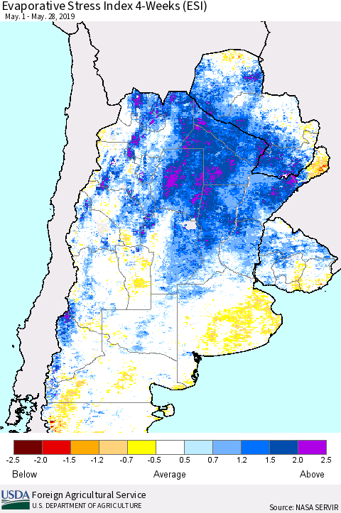 Southern South America Evaporative Stress Index (ESI), 4-Weeks Thematic Map For 5/27/2019 - 6/2/2019