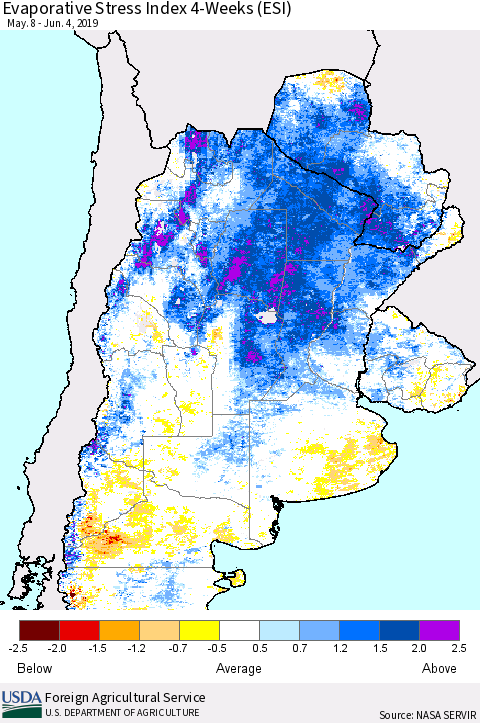 Southern South America Evaporative Stress Index (ESI), 4-Weeks Thematic Map For 6/3/2019 - 6/9/2019