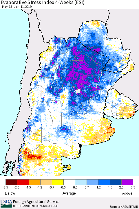 Southern South America Evaporative Stress Index (ESI), 4-Weeks Thematic Map For 6/10/2019 - 6/16/2019